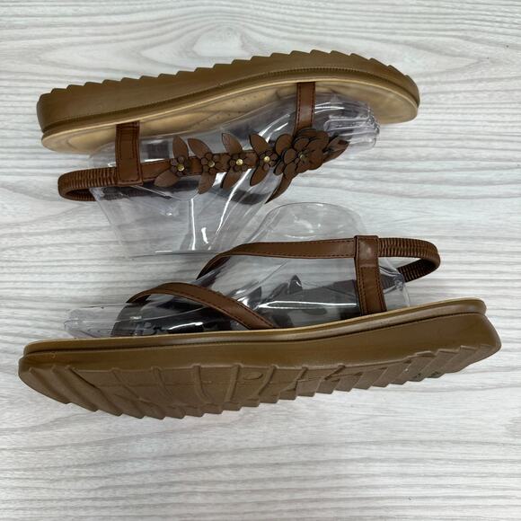 Andiamo Sandals SZ 11M Brown Tan 3D Flower Elastic Slingback Strappy Flat Thong - Picture 6 of 10